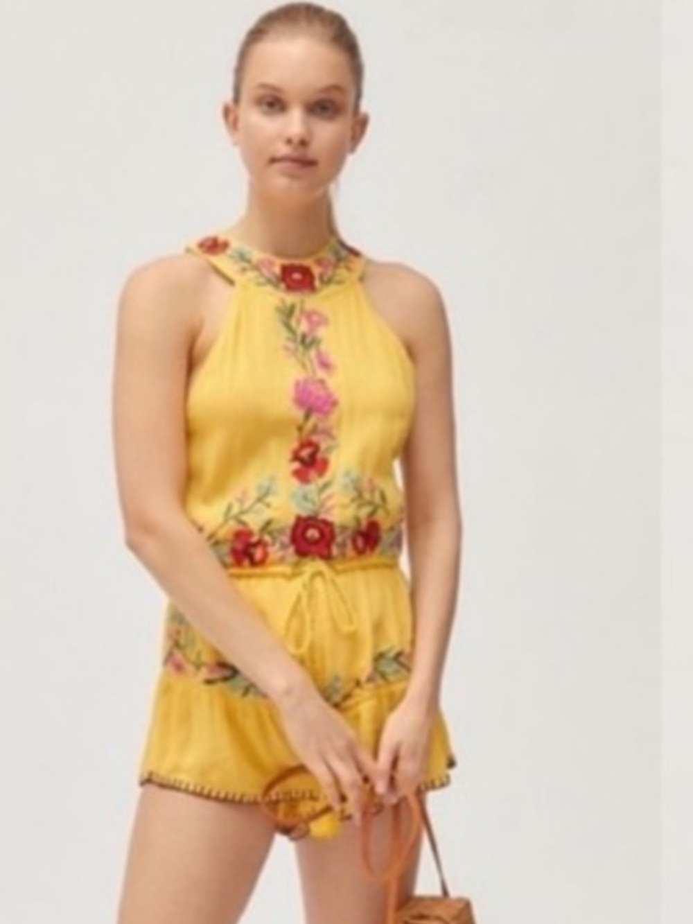 Anthropologie RAGA Blooming Lotus Floral Embroidered Yellow Open Back Romper